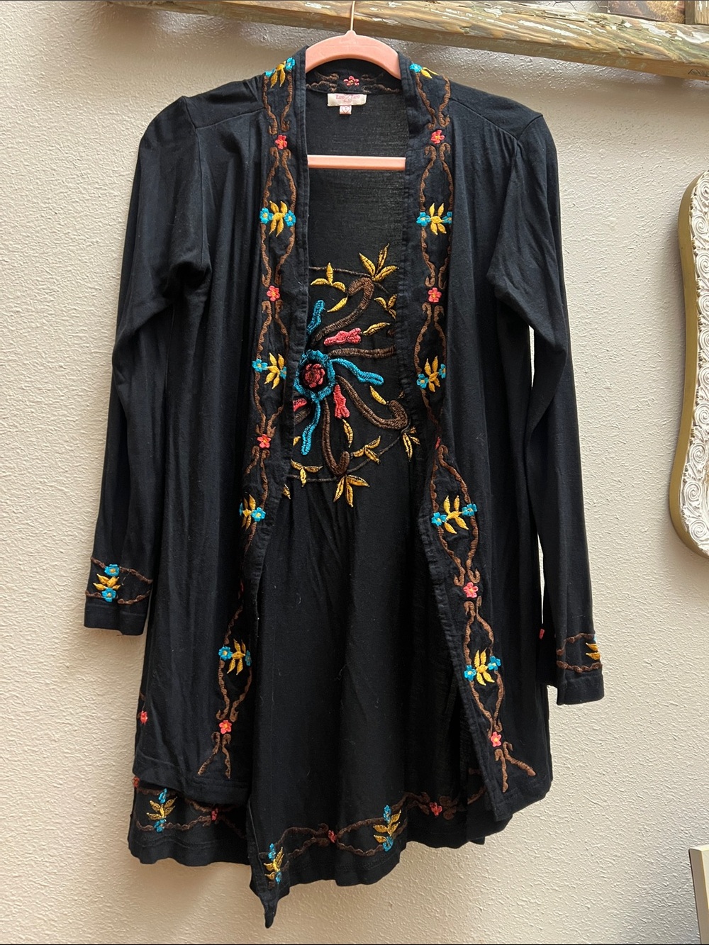 Embroidered Black Open-Front Boutique cardigan with Multicolor Floral Accents